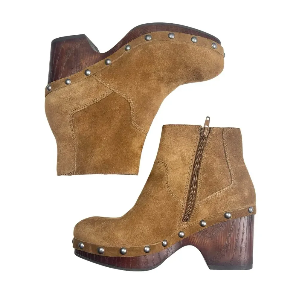 Lucky Brand | Women | Yasamin Studded Tan Suede Leather Heeled Booties | 5.5 M